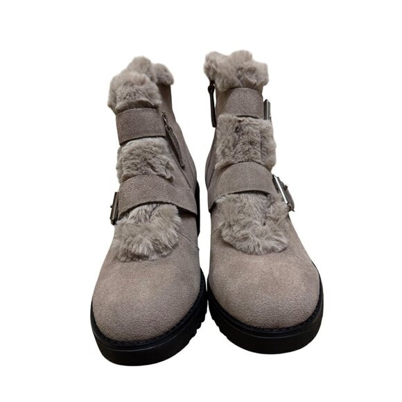 Violet & Red Women's Faux Fur Lined Suede Boots With Buckle Straps & Block Heel - Picture 1 of 7